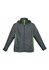 A unisex jacket in dark grey with green accents and a hood, featuring a logo on the front.