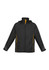 A black unisex jacket with yellow accents and a hood, featuring long sleeves and a zip front, including a logo.