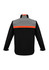 A unisex soft shell jacket featuring a black body, grey upper section, and orange accent on the back. It has a logo.