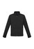 A black zip-up jacket with a high collar and two side pockets, featuring a branding logo.
