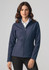 A navy soft shell jacket featuring a full zip and a collar, modelled by a woman with wavy hair.