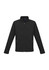 A black soft shell jacket with a zippered front, featuring a collar and long sleeves, with pockets.