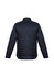 A mens puffer jacket in black, featuring a quilted texture and a high collar, with a logo on the back.