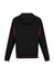 A soft shell jacket in black with red accents, featuring a hood and a logo on the upper back.