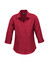 A maroon 3/4 sleeve shirt with a collar and button-down front, featuring a logo.