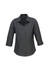 A grey women's 3/4 sleeve shirt with a collared neckline and button-down front. It features a branding logo.