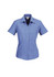 A blue short sleeve button-up shirt with a fitted design and a collar, featuring a logo.