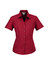 A short sleeve ladies' shirt in burgundy, featuring a button-up design and a collar, with a logo.