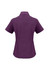 A purple women's short sleeve button-up shirt with a collar and a slightly tailored fit, featuring a logo.