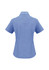 A short-sleeve blue button-up shirt with a fitted design, featuring a collar and a logo.