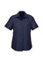 A short-sleeve, button-up women's shirt in navy blue, featuring a sleek design and a logo on the label.