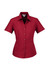 A women's short sleeve button-up shirt in a rich burgundy colour, featuring a tailored fit and a collar.