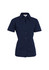 A navy women's short sleeve button-up shirt featuring a fitted design and a logo on the label.