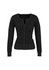 A women's black Merino cardigan featuring a button-up front and long sleeves, with a fitted design.