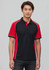 A men's short sleeve polo in red and black, featuring contrast detailing and a logo.