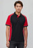 A men's short sleeve polo shirt in black with red accents and a logo.