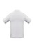 A white short sleeve polo shirt with a collar and a logo on the back.