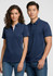 A navy blue women's polo shirt featuring short sleeves, with a subtle logo and contrasting details.