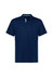 A navy blue men's short sleeve polo shirt with a subtle logo and light blue accents on the collar and sides.
