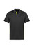 A black short sleeve polo shirt with lime green accents and a logo on the chest.