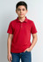 A red short sleeve polo shirt for kids, featuring a collar and three-button placket, worn by a young boy.