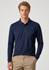 A long sleeve navy polo shirt for men, featuring a collar and button placket, paired with light-coloured trousers.
