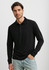 A long sleeve polo shirt in black, featuring a buttoned placket and a logo on the chest.