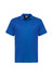 A short sleeve polo shirt in vibrant blue, featuring a collar and three buttons, with a logo on the chest.