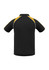 A black polo shirt with yellow accents and a logo on the chest, featuring short sleeves and a classic collar.