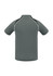 A grey short sleeve polo shirt featuring black accents and a logo on the chest.