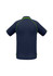 A navy blue polo shirt with green accents, featuring a logo on the back.