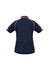 A navy women's fusion short sleeve polo shirt featuring orange detailing and a logo.