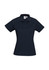 A women's short sleeve polo in navy blue, featuring a classic collar and a logo on the upper left.