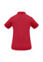A red women's short sleeve polo shirt with a collar and side slits. It features a logo on the back.