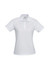 A white women's short sleeve polo shirt with a collar and logo detail.
