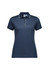 A navy blue women's short sleeve polo shirt with contrasting trim and a logo. Features a button-up collar and short sleeves.