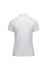 A white women's short sleeve polo shirt featuring a collared design and smooth fabric. It includes a logo on the garment.