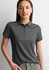 A women's short sleeve polo shirt in grey, featuring a classic collar and button placket. Includes a logo.