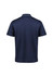 A navy blue men's short sleeve polo shirt with a subtle trim and a logo on the back.