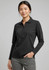 A black long sleeve polo shirt for women, featuring a placket of buttons and a subtle logo.