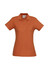 A ladies' polo shirt in a warm brown colour, featuring a collar and button placket, with a logo detail.