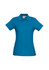 A blue ladies polo shirt featuring a collar and button placket, with a logo on the fabric.