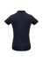 A navy blue women's short sleeve polo shirt with red accents and a branded logo.