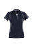 A women's short sleeve polo shirt in navy with white accents and mesh details on the shoulders. It features a logo.