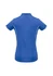 A blue women's short sleeve polo shirt featuring a curved hem and contrasting side panel detailing.