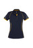 A women's short sleeve polo shirt in navy blue with yellow accents and a logo on the front.