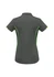 A women's short sleeve polo shirt in grey with green accents and a logo on the back.