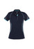 A women's short sleeve polo shirt in navy blue with light blue accents and a branding logo on the collar.