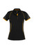 A black women's polo shirt with yellow accents and a textured pattern on the sleeves. It features a collar and has a logo.