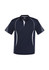 A navy blue short sleeve polo shirt featuring white accents and a branded logo on the collar.